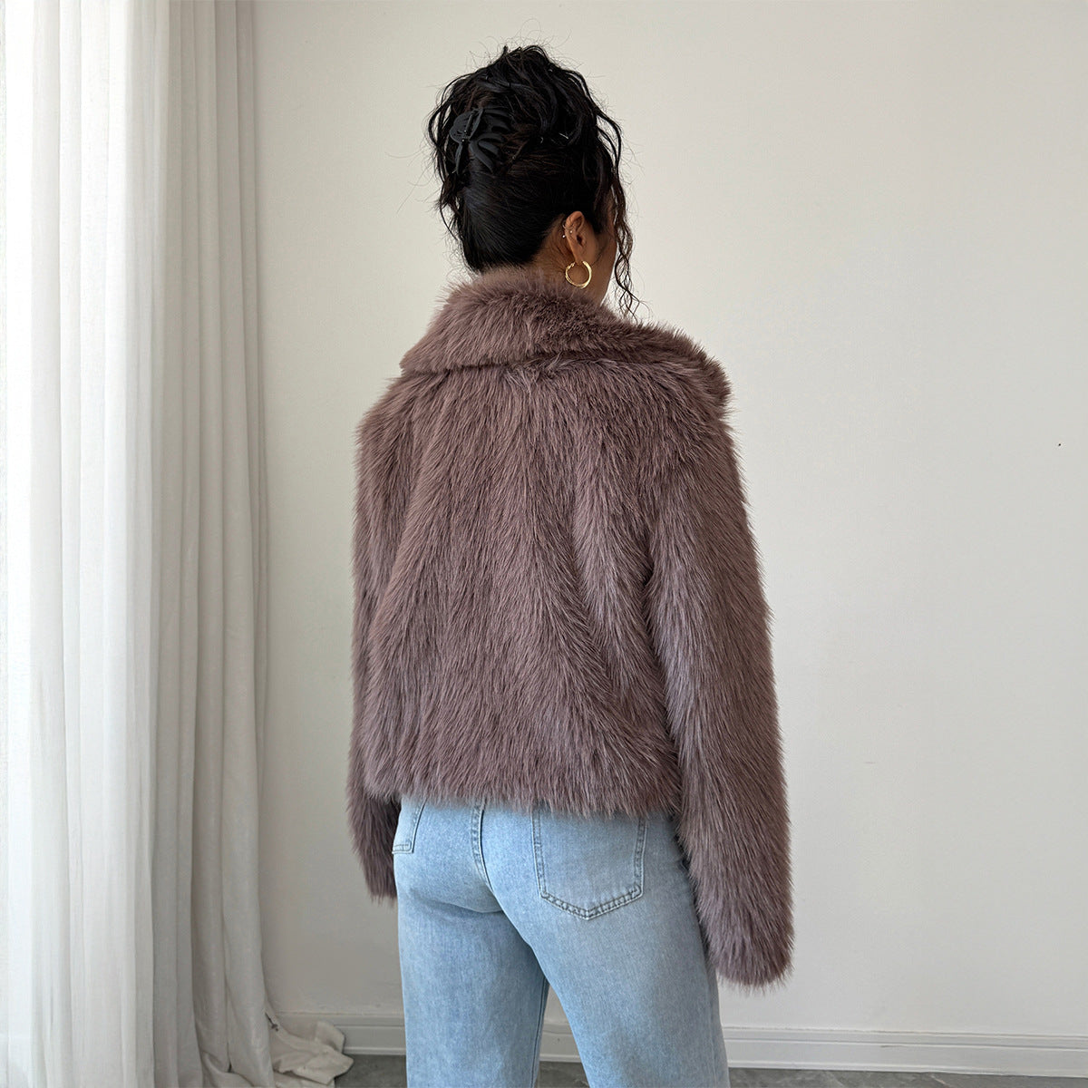 Women's Faux Fur Cropped Jacket with Stand Collar