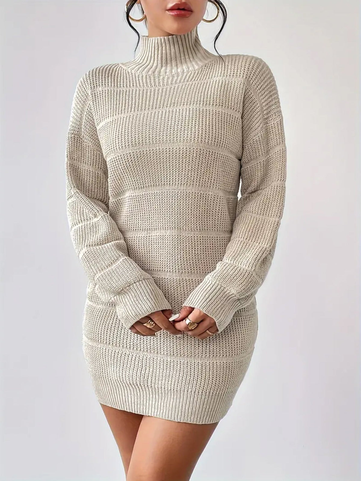 Women's Turtleneck Sweater Dress with Ribbed Knit