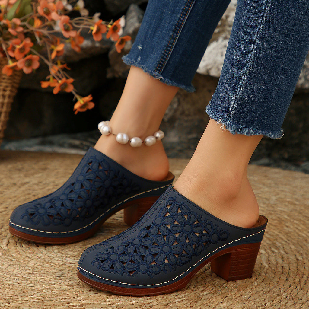 Women's Laser-Cut Clogs with Block Heel and Open Back