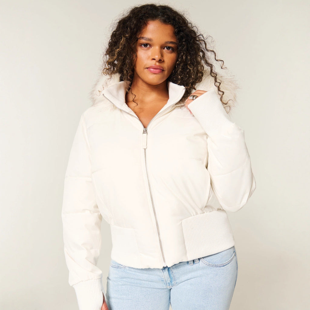 Women's Quilted Hooded Puffer Jacket, Zip Front, Long Sleeves