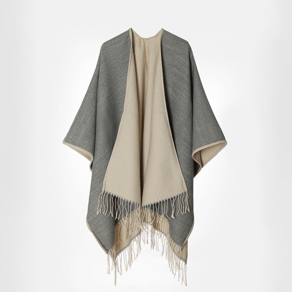 Women's Reversible Fringed Cape Oversize Wrap