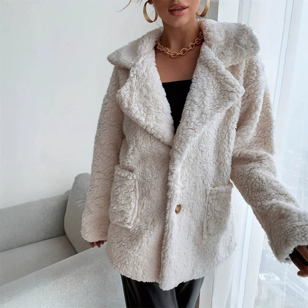 Women's Teddy Lapel Jacket Long Sleeve Button Front