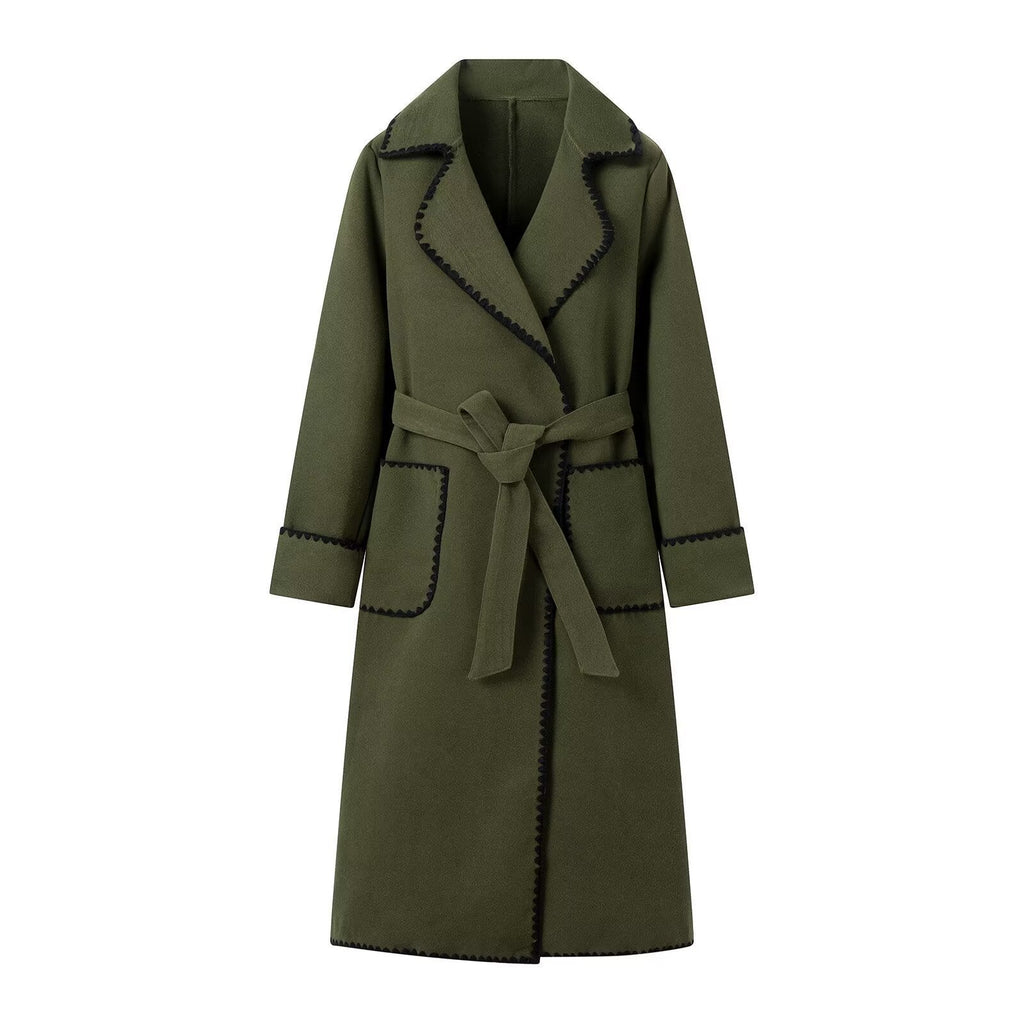 Women's Notch Collar Coat with Contrast Trim and Belt