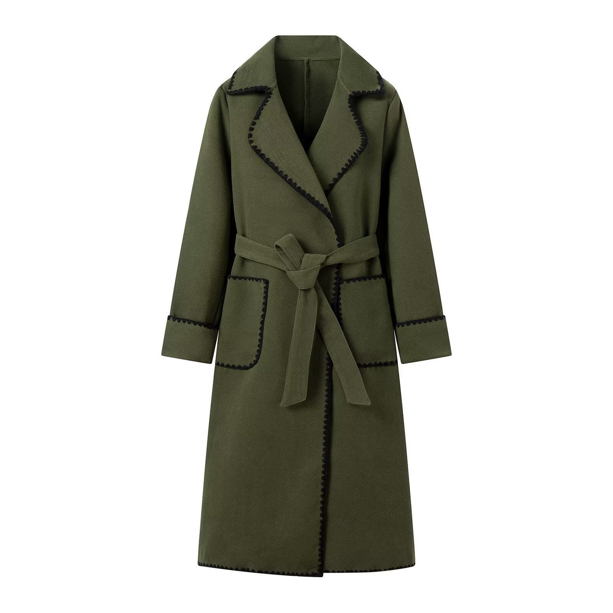 Women's Notch Collar Coat with Contrast Trim and Belt