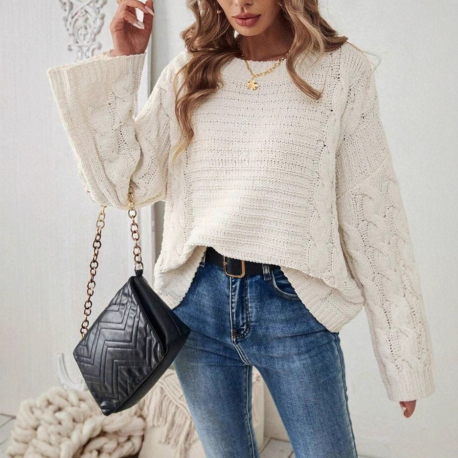 Women's Cable Knit Crew Neck Sweater with Long Sleeves