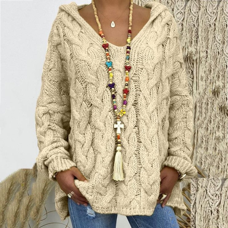 Women's Cable Knit Oversized Hooded Sweater V-Neck