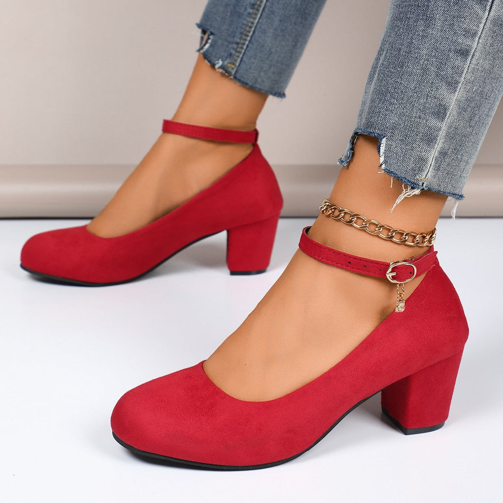 Women's Block Heel Pumps with Ankle Strap and Round Toe