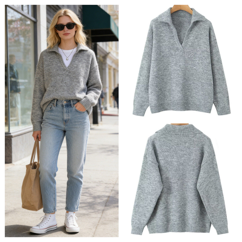 Women's Collared V-Neck Pullover Sweater Long Sleeve