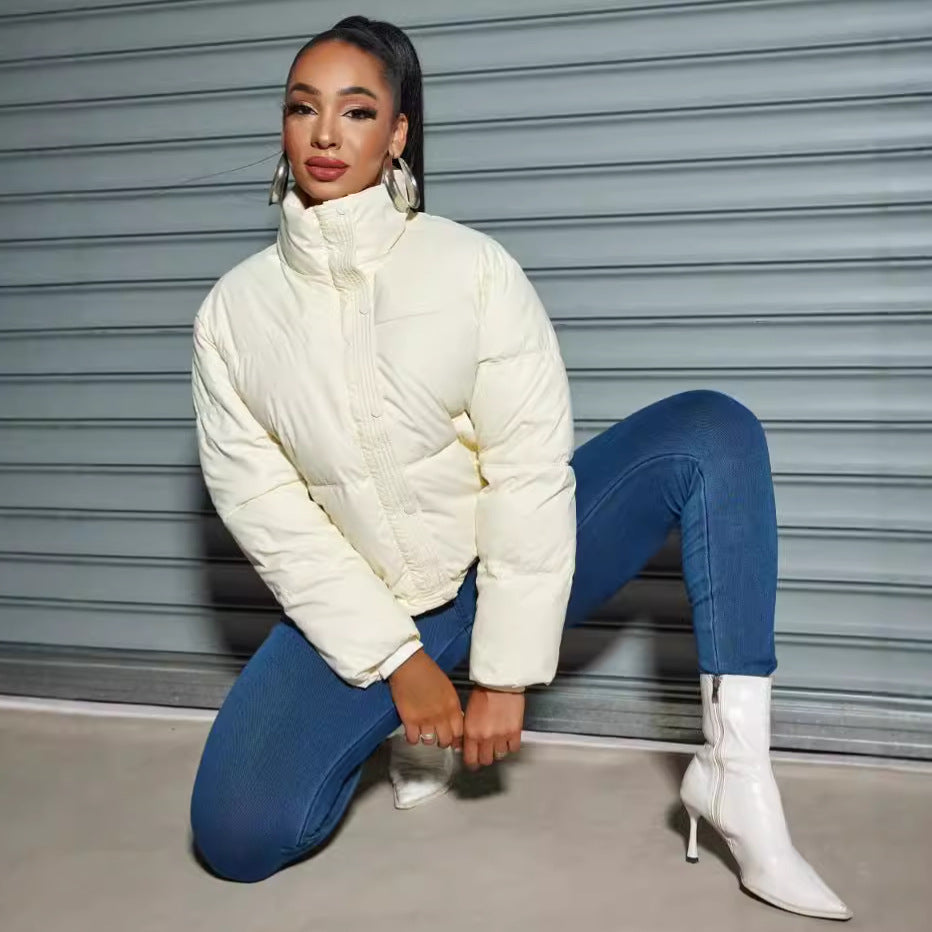 Women's Cropped Puffer Jacket High Collar Snap Front