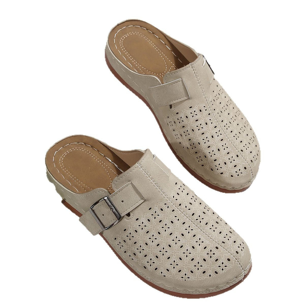 Women's Perforated Slip-On Mules with Buckle Strap