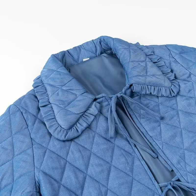 Women's Quilted Jacket with Ruffle Collar and Tie Front