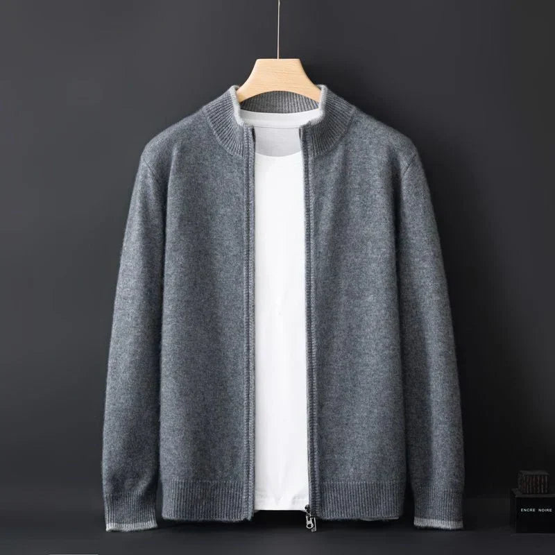 Unisex Knit Zip-Front Bomber Cardigan, Ribbed Collar