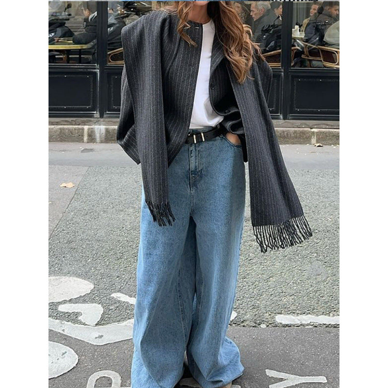 Women's Oversized Pinstripe Coat with Fringe Detail