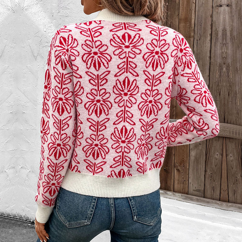 Damen Strickpullover mit floralen Mustern und elegantem Stehkragen Drune