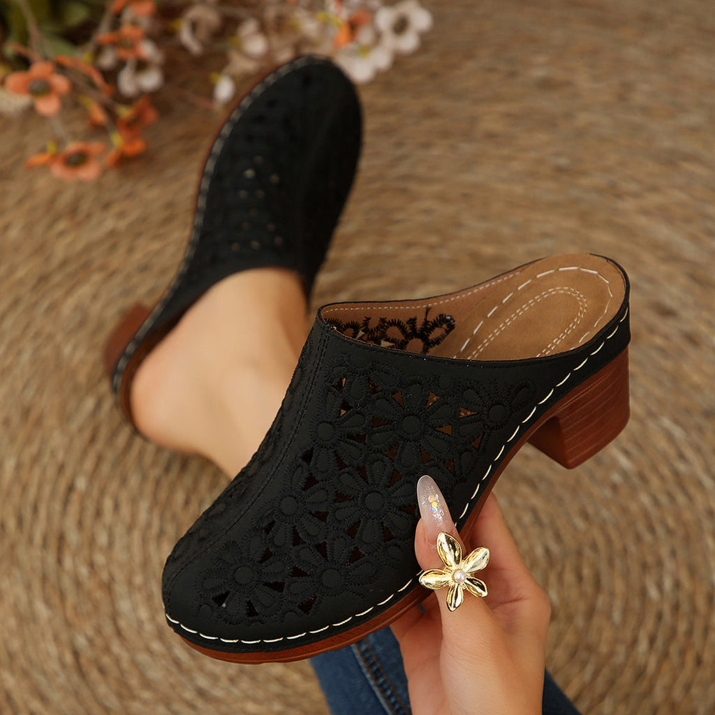 Women's Laser-Cut Clogs with Block Heel and Open Back