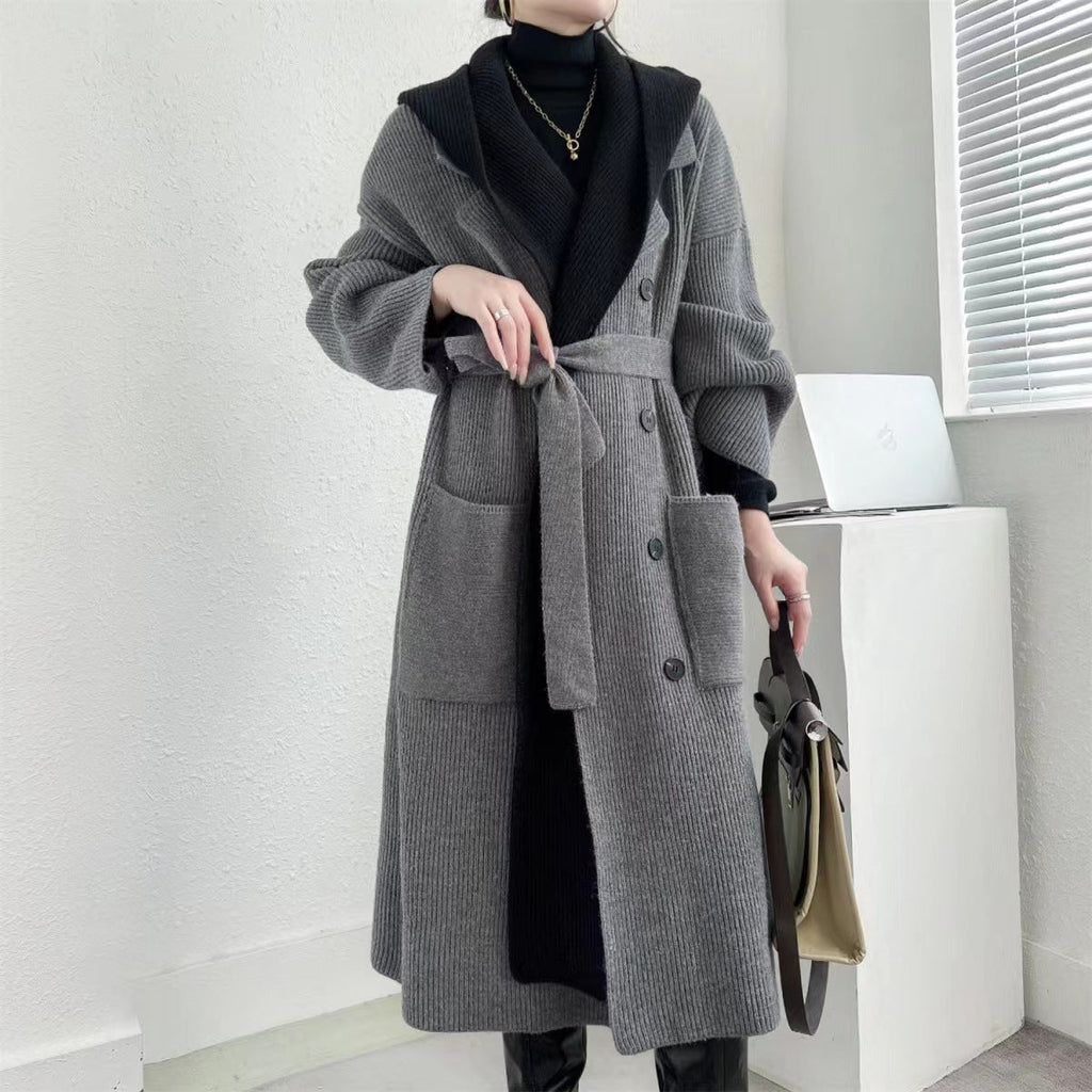 Women's Ribbed Long Coat with Button Front and Patch Pockets