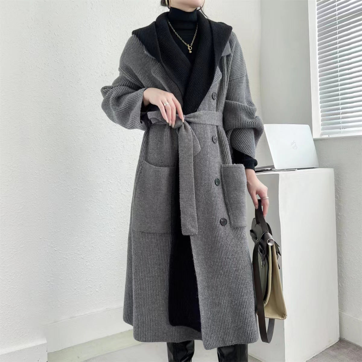 Women's Ribbed Long Coat with Button Front and Patch Pockets