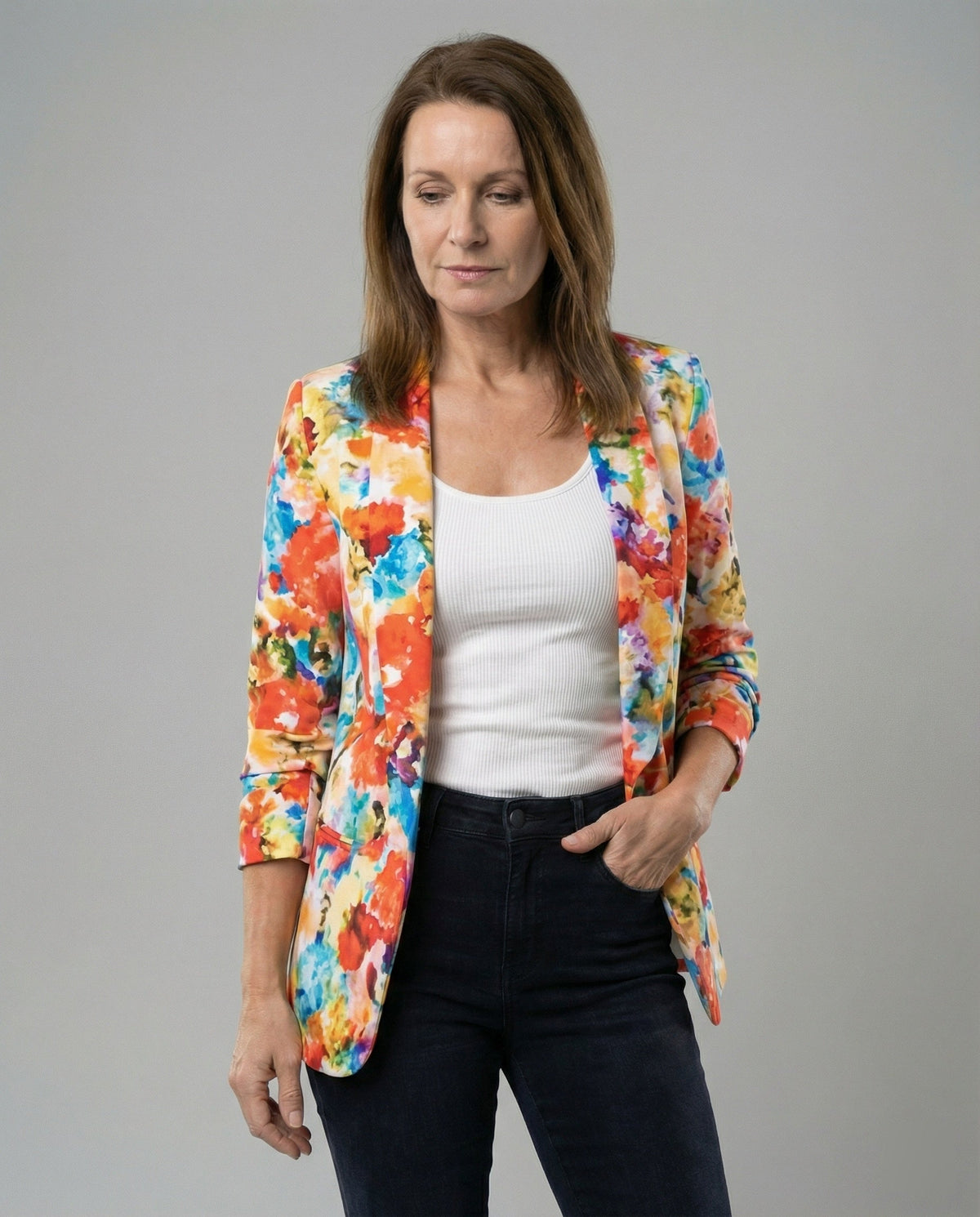 Women's Floral Watercolor Blazer Open Front for Work