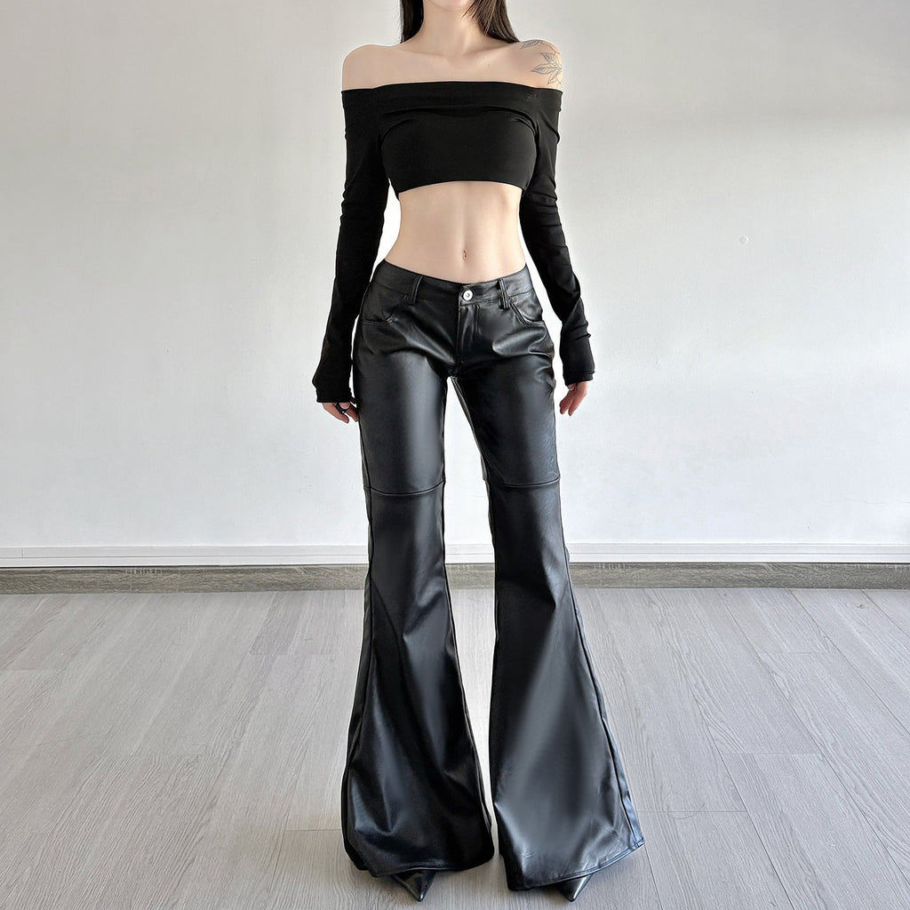 Women's Faux Leather Flare Pants Mid-Rise Button Closure