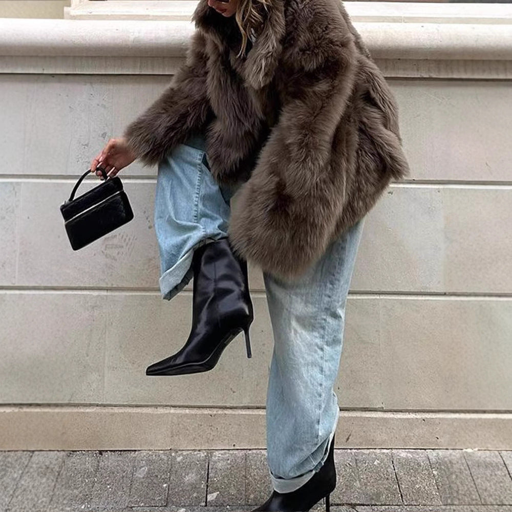 Women's Faux Fur Jacket with Stand Collar for Winter