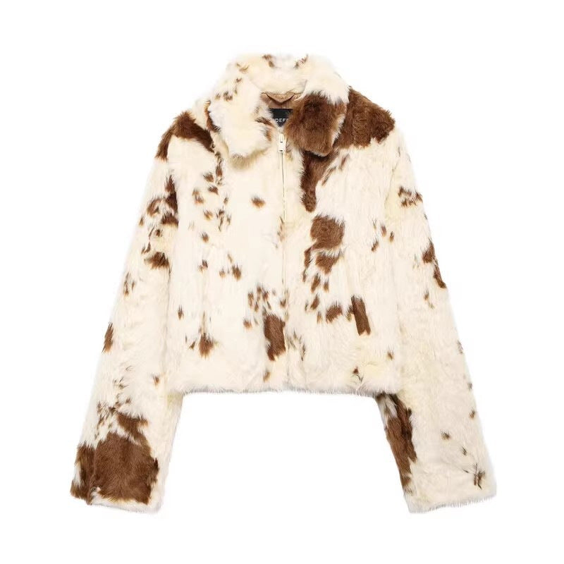 Women's Faux Fur Jacket Cropped Zip Front Animal Print