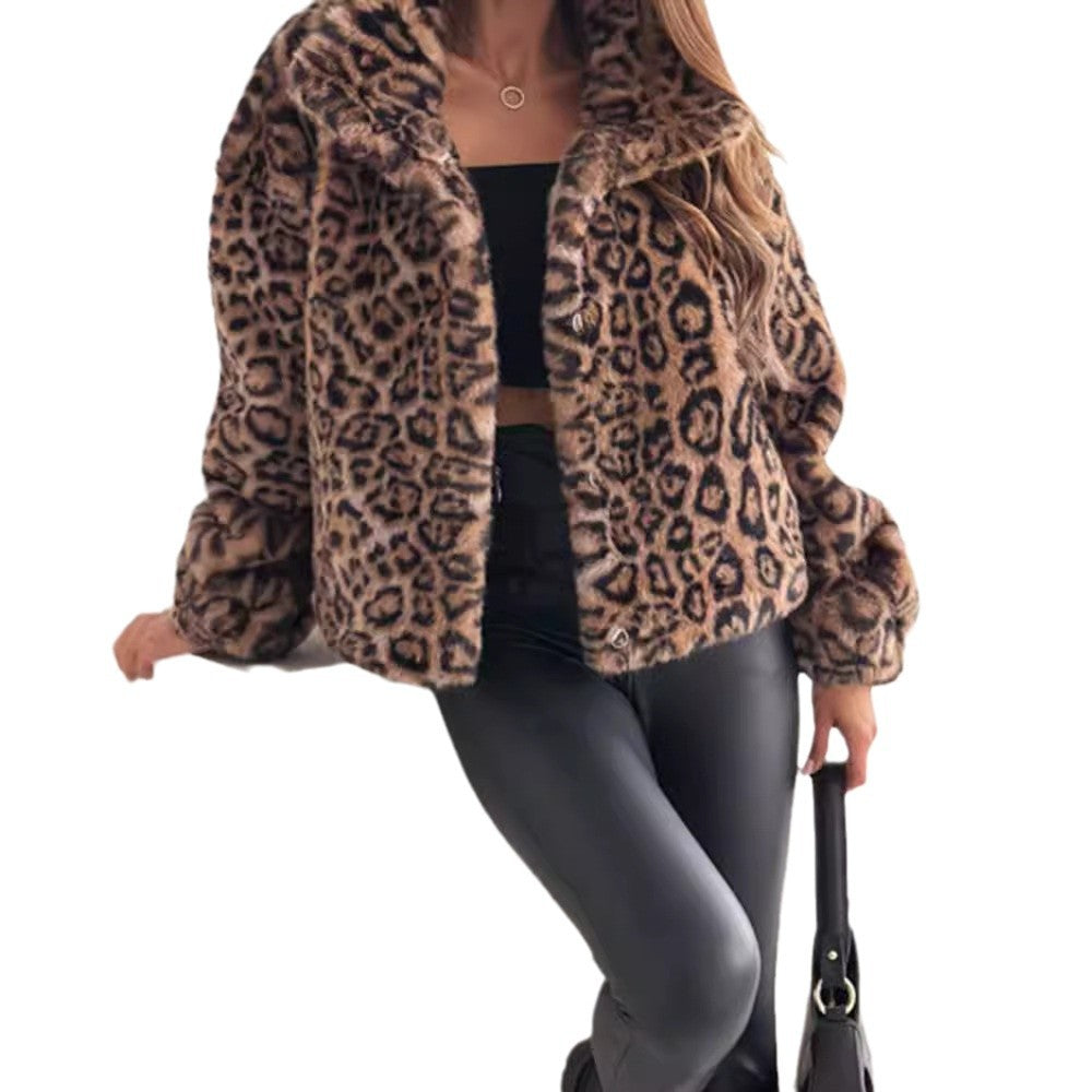 Women's Leopard Print Faux Fur Jacket with Collar