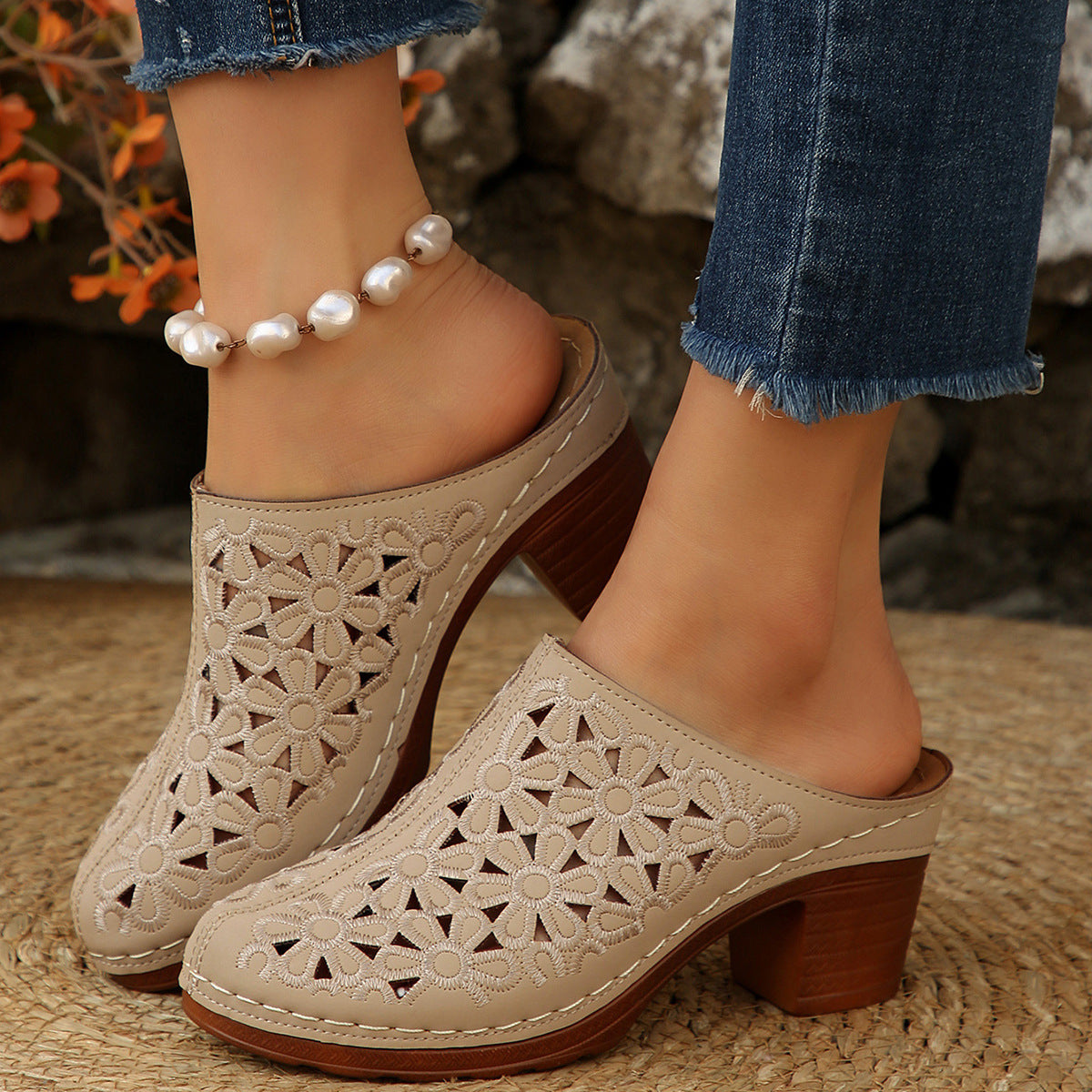 Women's Laser-Cut Clogs with Block Heel and Open Back