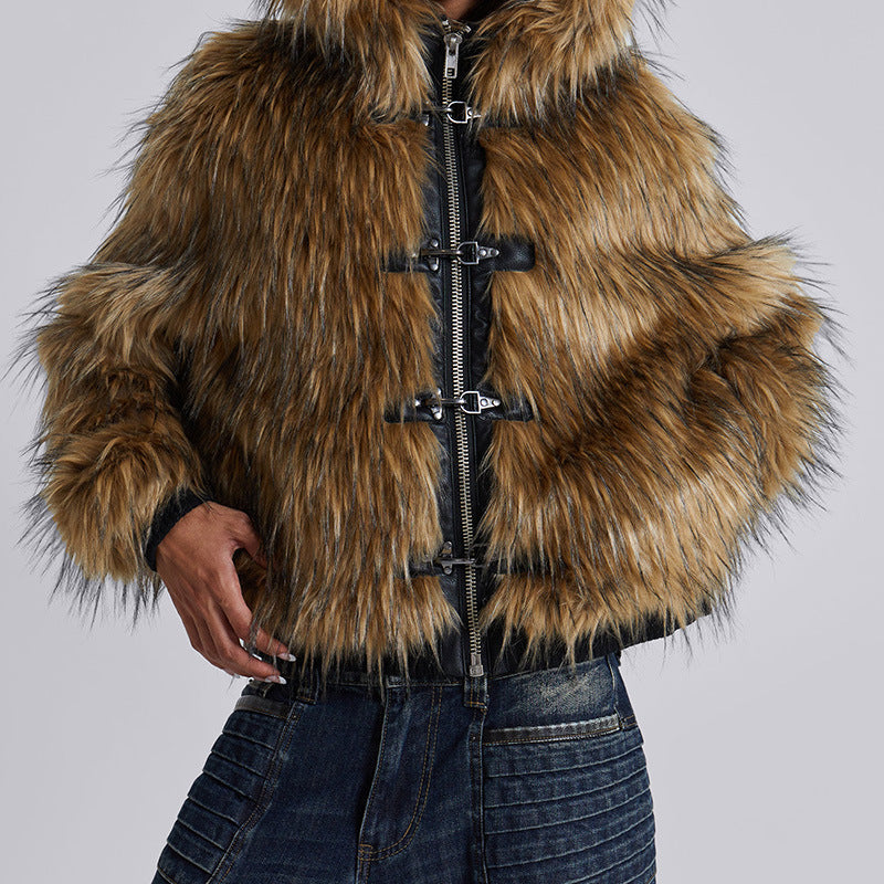 Women's Shaggy Hooded Zip-Front Jacket with Toggle Closures
