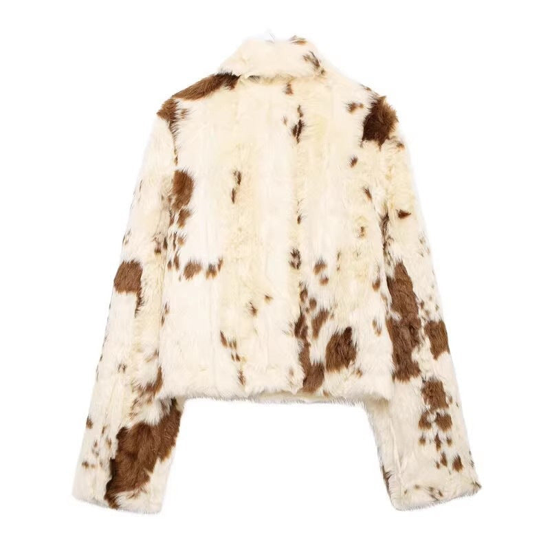 Women's Faux Fur Jacket Cropped Zip Front Animal Print