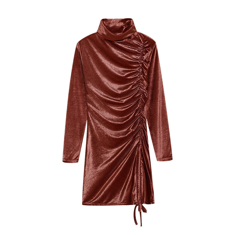 Women's Ruched Turtleneck Mini Dress Long Sleeve