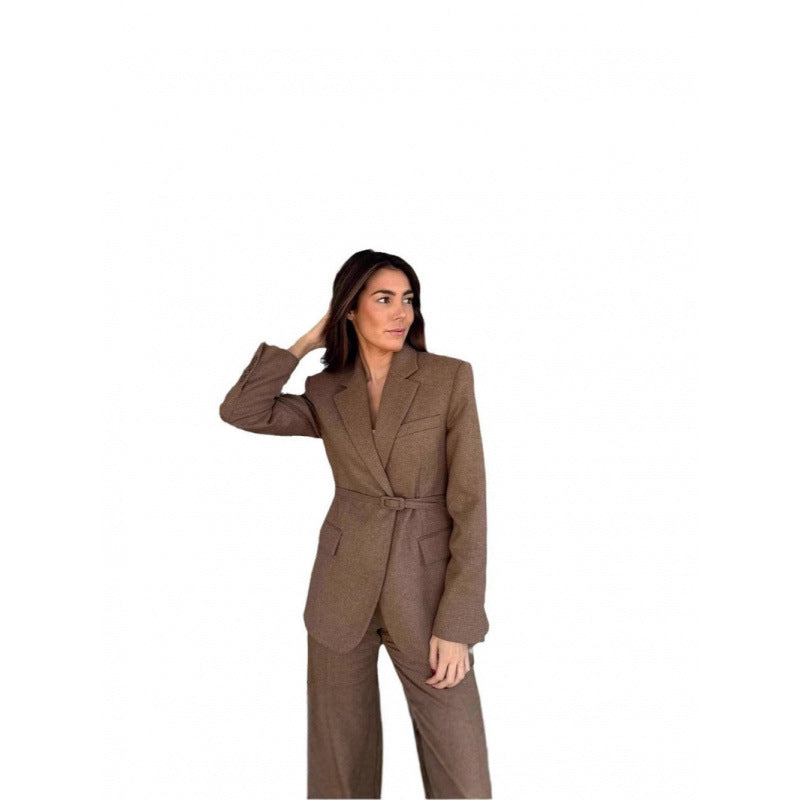 Women's Belted Blazer with Notched Lapels and Side Pockets