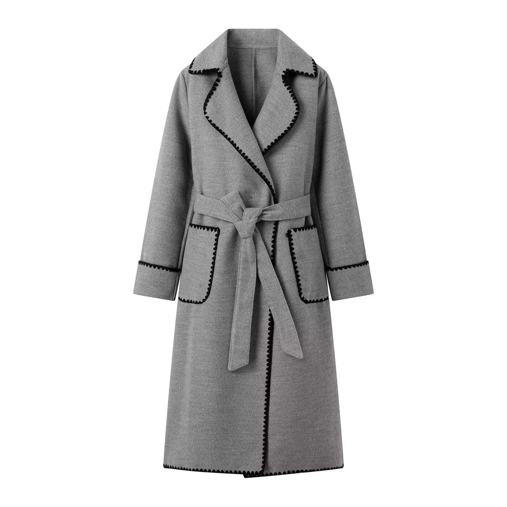 Women's Notch Collar Coat with Contrast Trim and Belt