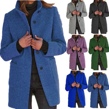 Women's Button-Front Wool-Blend Coat with Stand Collar