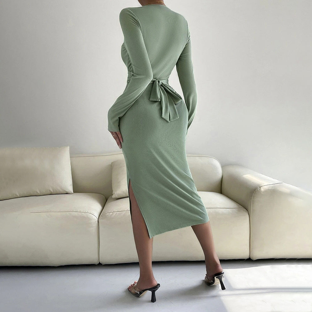 Women's Long Sleeve Bodycon Midi Dress with Wrap Detail