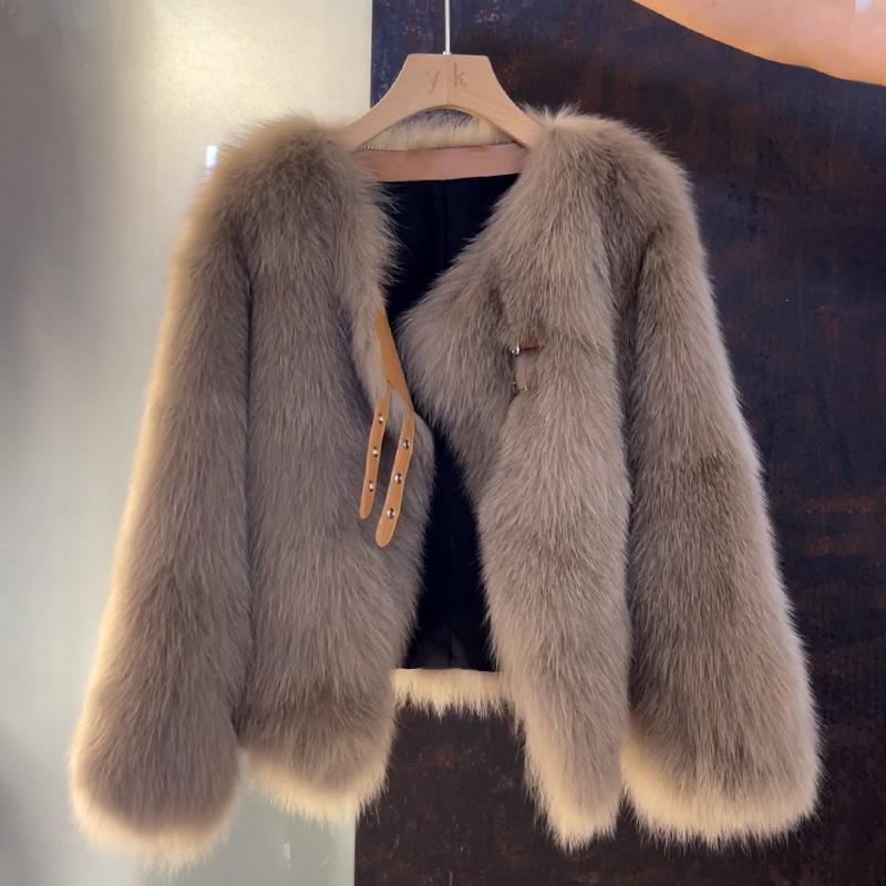 Women's Faux Fur Jacket Open Front with Buckle Detail