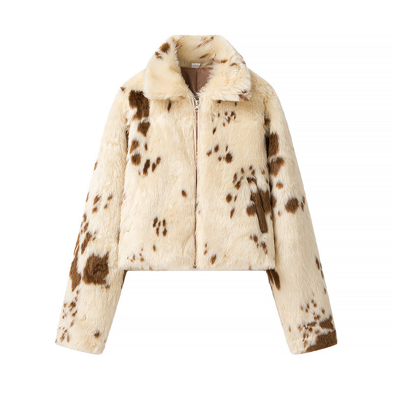 Women's Faux Fur Bomber Jacket with Spotted Pattern