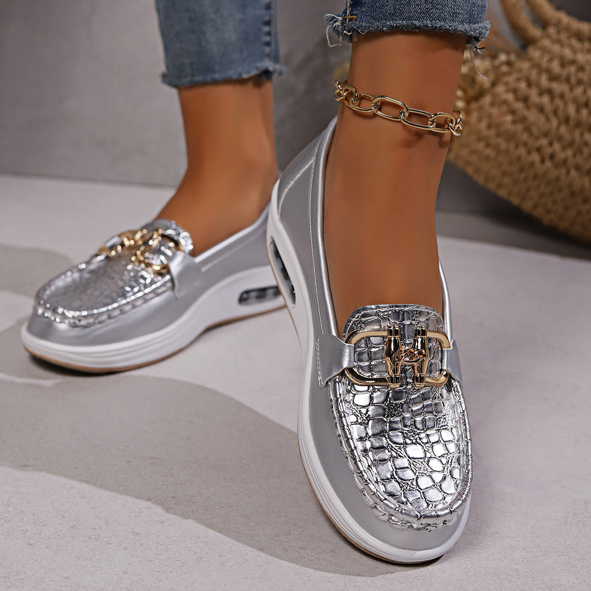 Women's Platform Loafers with Chain Detail and Croc Embossed