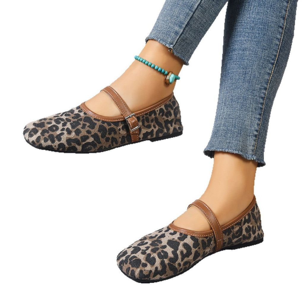 Women's Animal Print Mary Jane Flats with Adjustable Strap