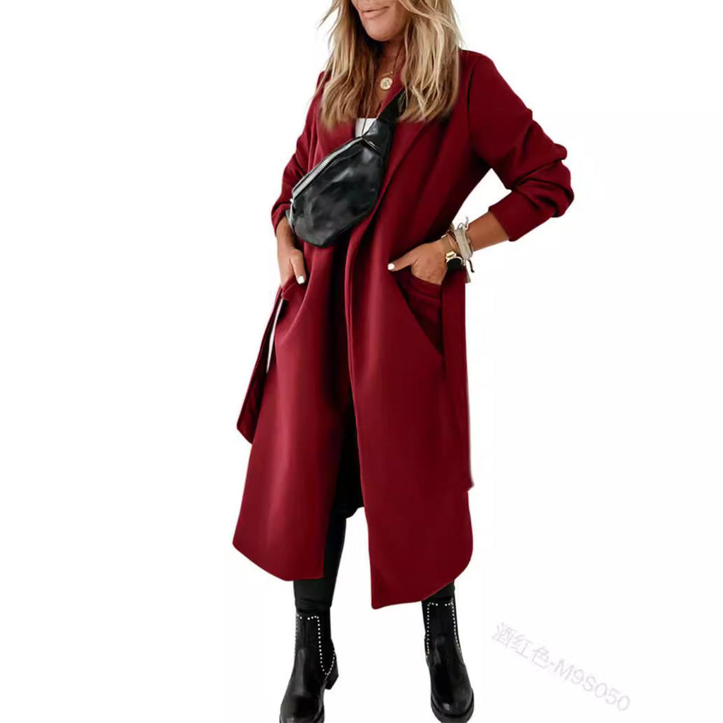 Women's Belted Open Front Midi Coat with Side Pockets