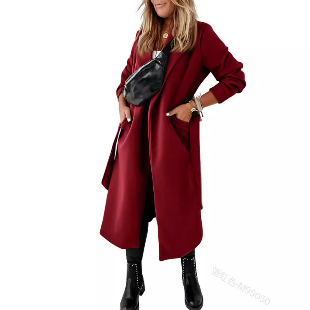 Women's Belted Open Front Midi Coat with Side Pockets