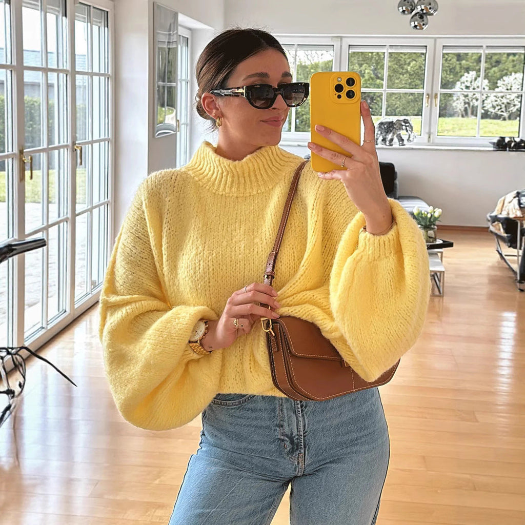 Women's Oversized High Neck Sweater with Balloon Sleeves