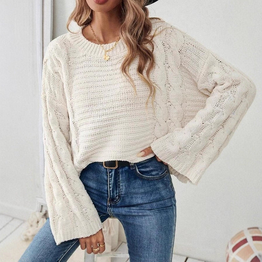 Women's Cable Knit Crew Neck Sweater with Long Sleeves