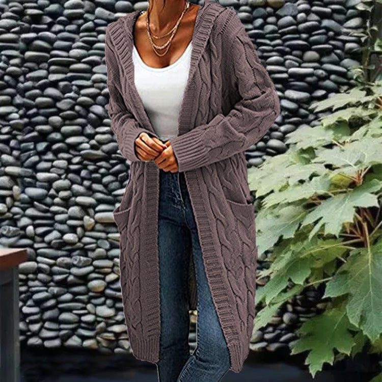 Women's Long Cable Knit Cardigan, Open Front, Long Sleeves