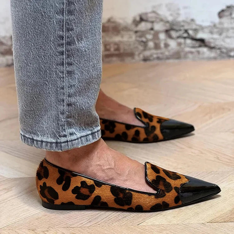 Women's Leopard Print Pointed Flats with Glossy Toe