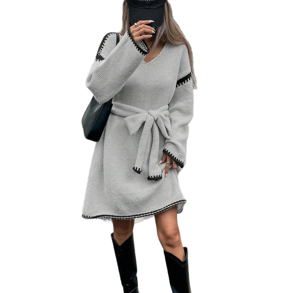 Women's V-Neck Sweater Dress with Tie Belt and Trim