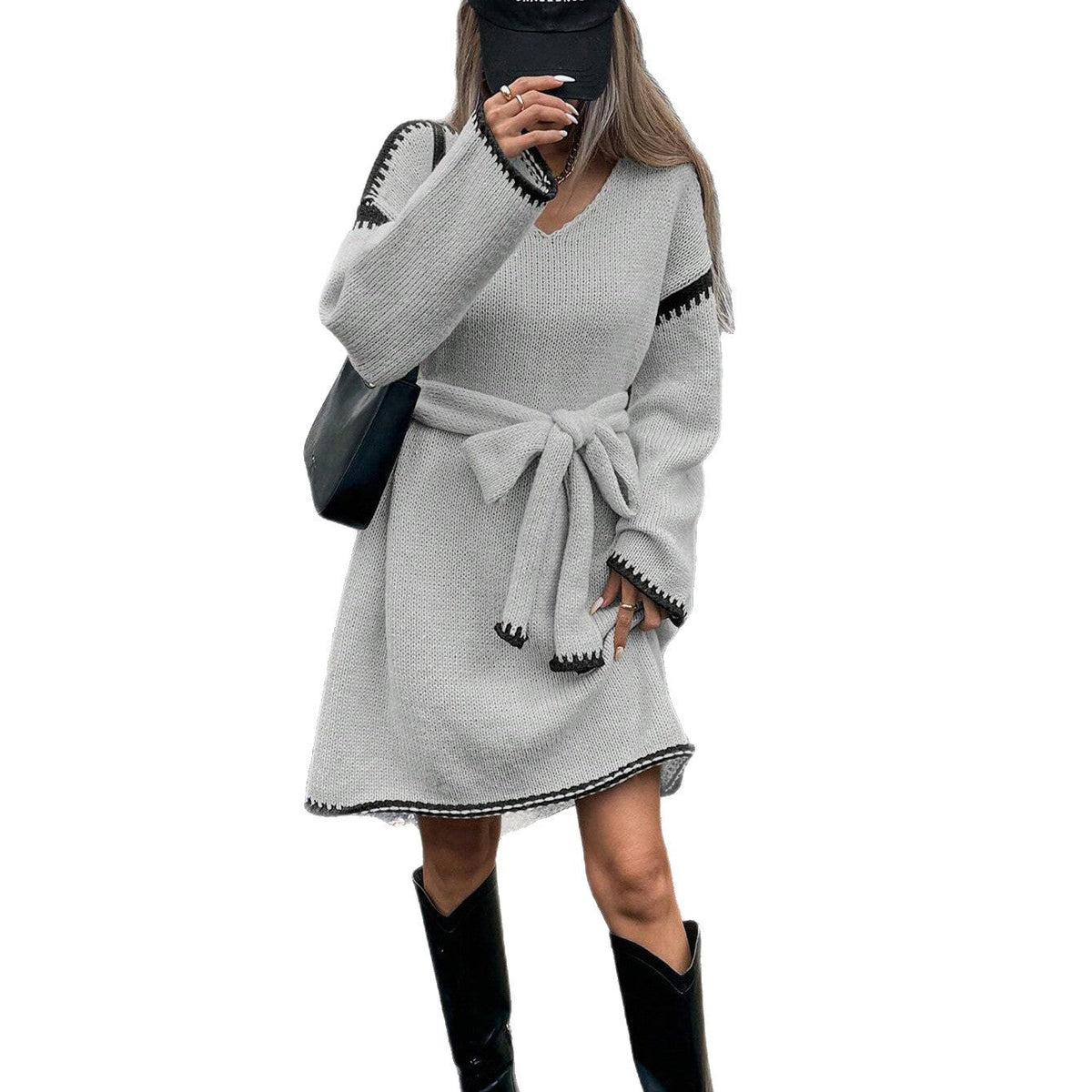 Women's V-Neck Sweater Dress with Tie Belt and Trim