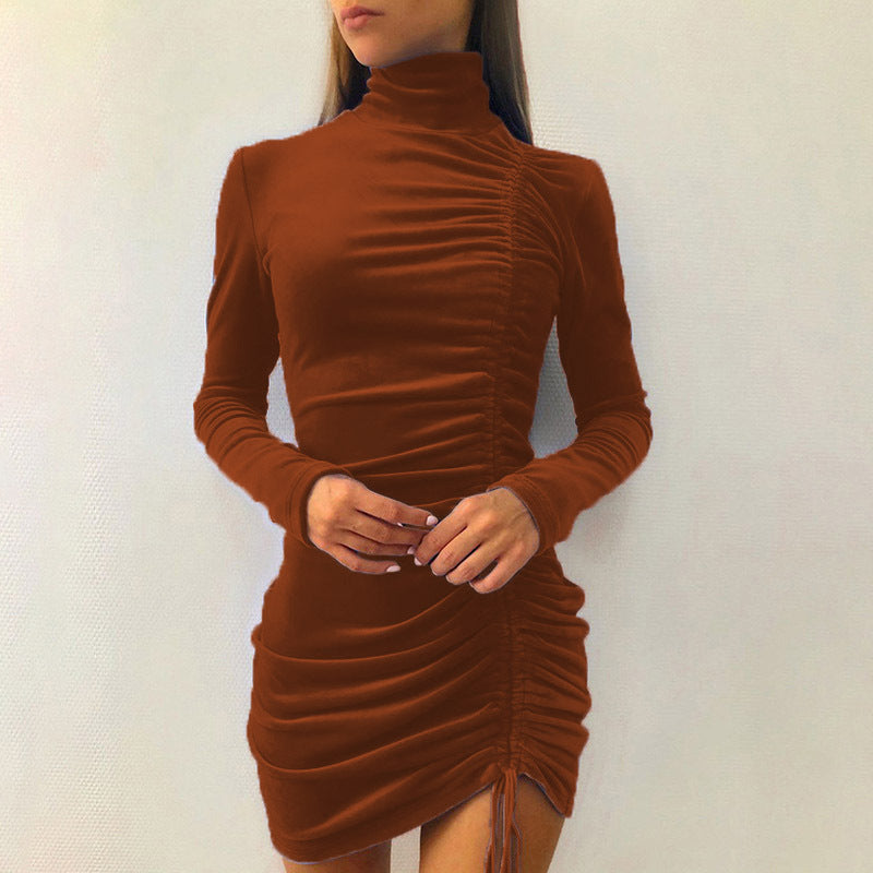 Women's Ruched Turtleneck Mini Dress Long Sleeve