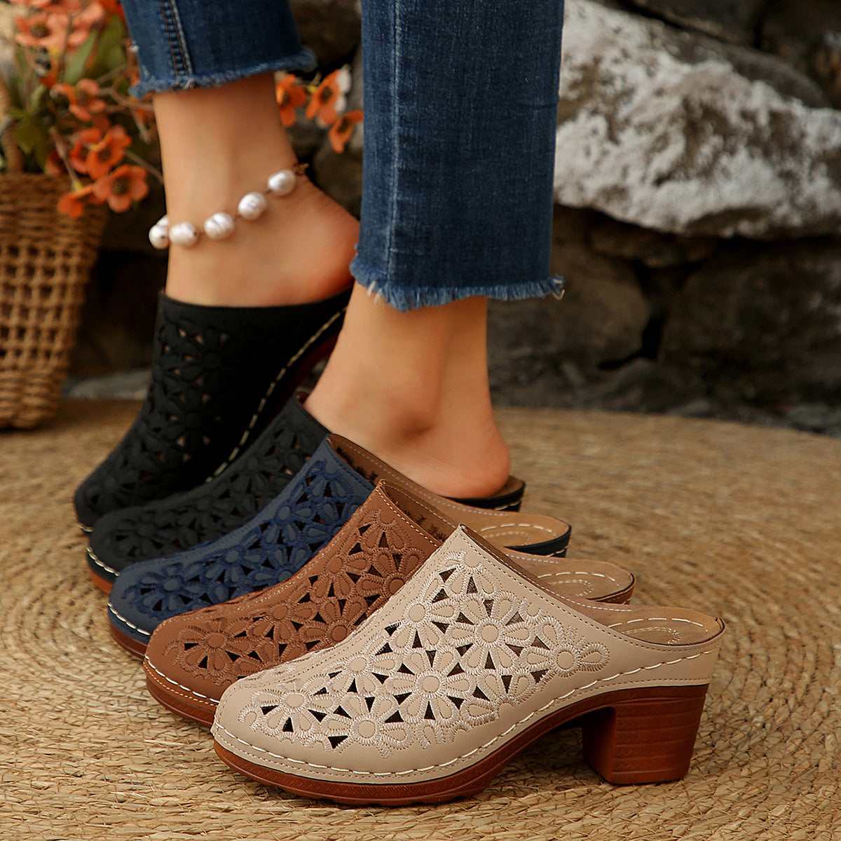 Women's Laser-Cut Clogs with Block Heel and Open Back