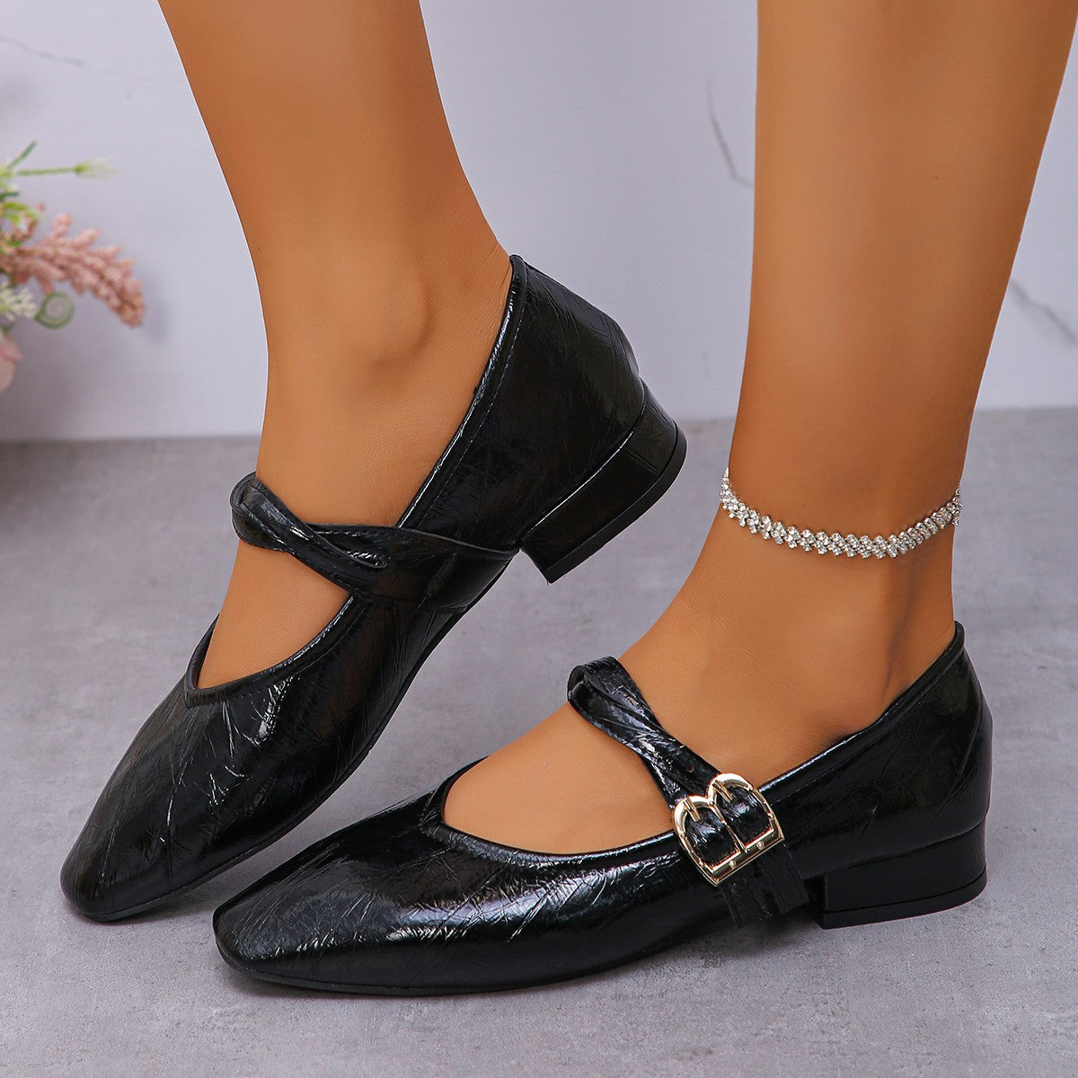 Women's Metallic Mary Jane Flats with Buckle Strap