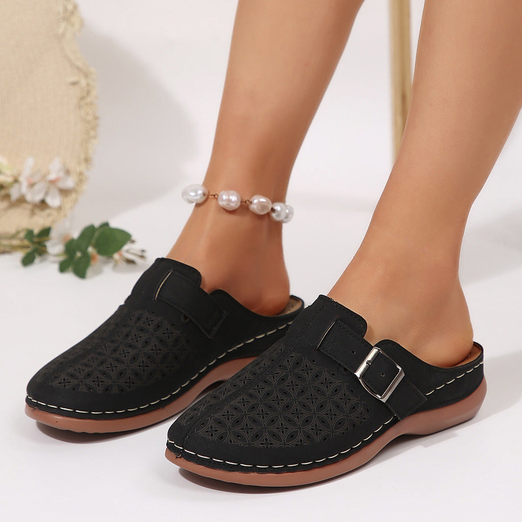 Women's Perforated Slip-On Mules with Buckle Strap